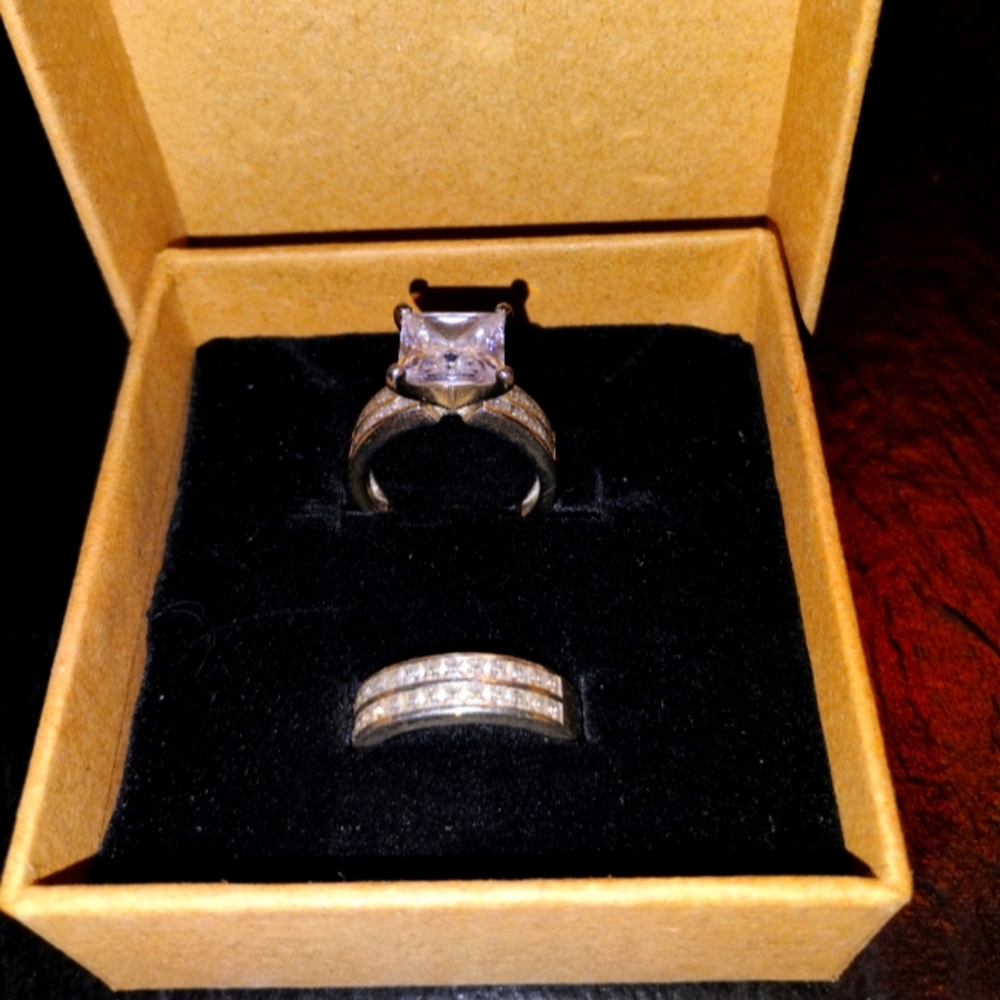 Sterling Silver, Gem/Crystal Adorned Size 7/8 Engagement Ring And Wedding Band.